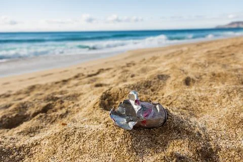 Pollution of the planet with human waste. An empty tin can thrown away by the Stock Photos