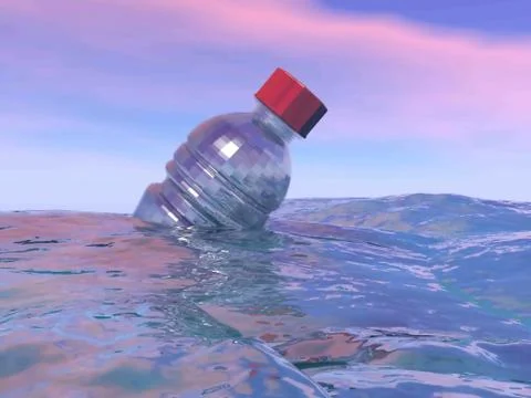 Pollution of plastic bottle in the ocean - 3D render Stock Illustration
