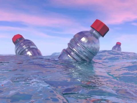 Pollution of plastic bottles in the ocean - 3D render Stock Illustration