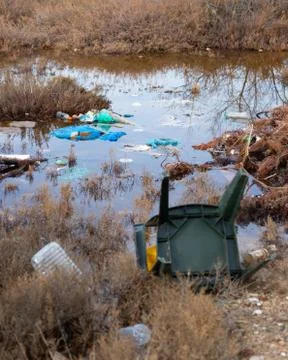 Pollution from plastics and all kinds of garbage/trash near lake Vistonida in Stock Photos