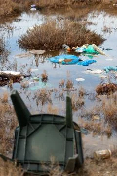 Pollution from plastics and all kinds of garbage/trash near lake Vistonida in Stock Photos