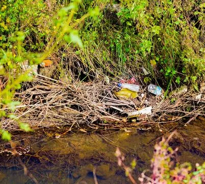 Pollution of river with waste plastics garbage in Korea. Plastic Trash Pollution Foto stock