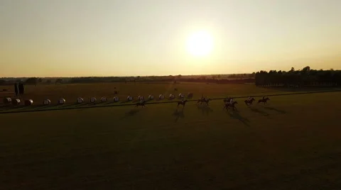 Polo challenge during sunset. Jockeys chasing the ball. Slow motion. Aerial N. Stock-Footage 64629735