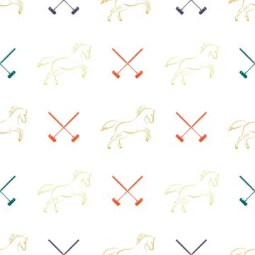 Polo seamless pattern, running horses and cross-sticks for polo. Stock Illustration