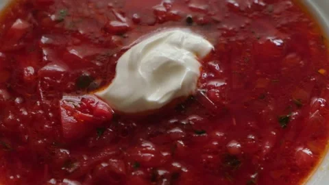 Poltava borsch with sour cream, close-up Stock Footage 151011053
