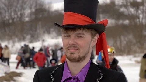 Poltava, Ukraine, Dec 2016 Man with hat on winter holidays Stock Footage 72019564