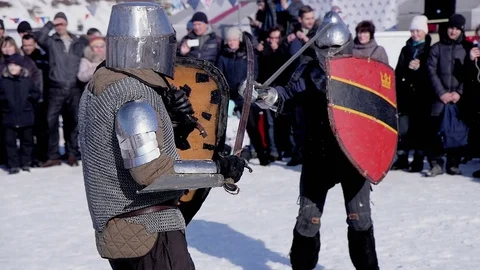 Poltava, Ukraine, Jan 2017: Medieval tournament and competition between two Stock Footage 73106415