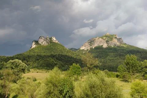Poludnové skaly mountain on the left and velký roszutek mountain on the rig Stock Photos