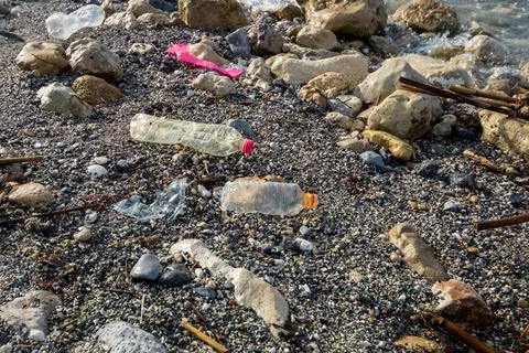 Poluted beach with plastic empty bottles Stock-Fotos
