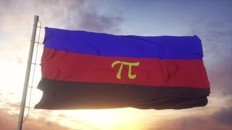 Polyamory pride flag waving in the wind, sky and sun background. 3d rendering Illustrazione stock
