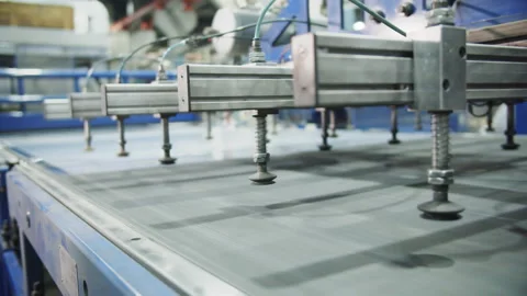 Polycarbonate sheet moves along conveyor belt at plant Stock Footage 238469913