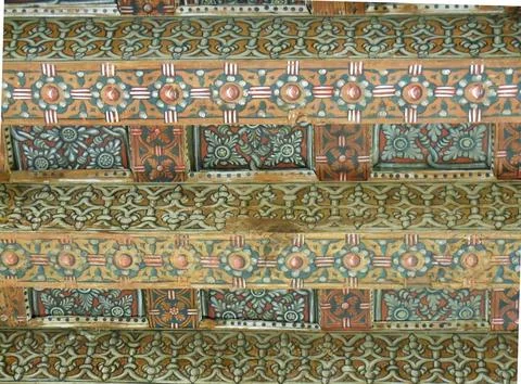 Polychrome background with geometric shapes on the ceiling of a room Stock Photos