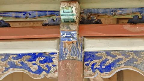 Polychrome structural timber beam-wooden porch-Mogao Buddhist caves-Dunhuang-CN Stock Photos