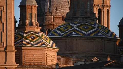 Polychrome tiled cupolas of the Basilica del Pilar in diamond pattern, Zaragoza, Stock Footage 344532320