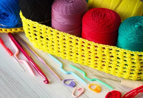 Polyester yarn in skeins. Stock Photos