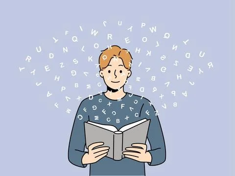 Polyglotter Mann liest Buch mit Wörterbuch und lernt eine neue Sprache zwi.. Foto stock