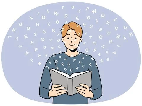 Polyglotter Mann liest Buch mit Wörterbuch und lernt eine neue Sprache zwi.. Foto stock