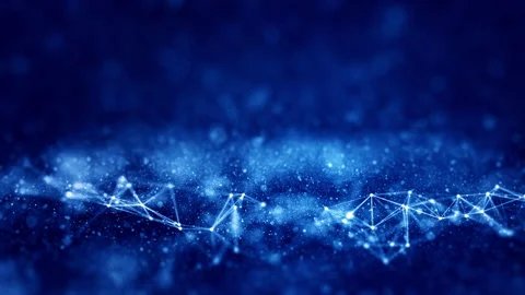 Polygon abstract blue background is connected with small blurred bokeh particles Video stock 220327813