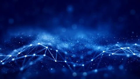 Polygon abstract blue background is connected with small blurred bokeh partic 스톡 사진