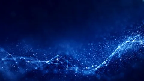 Polygon abstract blue background is connected with small blurred bokeh partic 스톡 사진