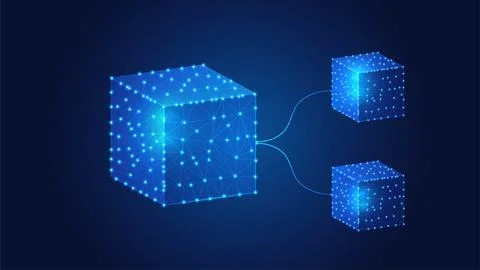 Polygon of blue glowing blockchain cube. Enhancing Security and Efficiency... Stock Illustration