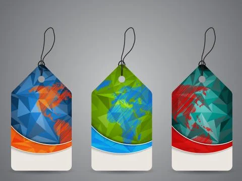 Polygon design shopping labels with world map Stock Illustration