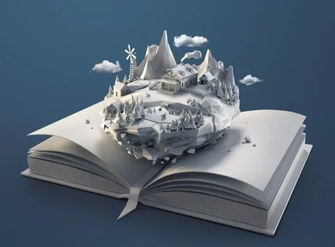 Polygon floating island landscape in a book with mountains Stock Photos