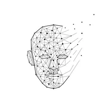 Polygon human head exploding and breaks into lines and dots. Smart person and Illustrazione stock