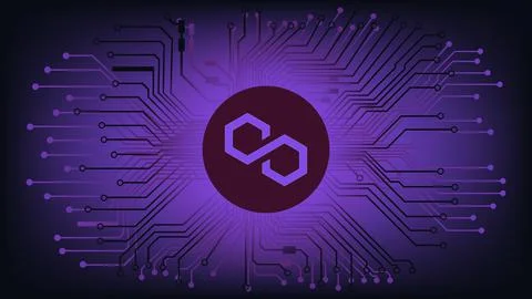 Polygon MATIC cryptocurrency token symbol in circle on abstract digital Stock Illustration