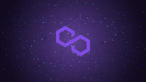 Polygon MATIC token symbol cryptocurrency theme on purple polygonal background Stock Illustration