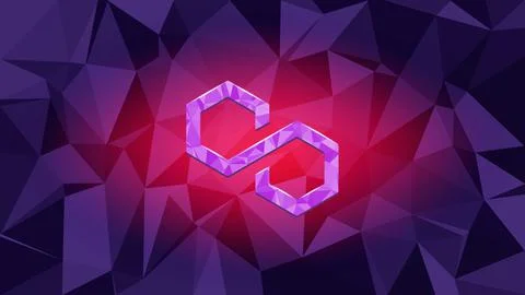 Polygon MATIC token symbol cryptocurrency on dark purple polygonal background Stock Illustration