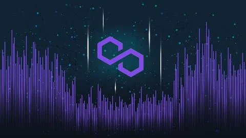 Polygon MATIC token symbol on dark polygonal background with wave of lines. Stock-Illustration