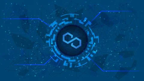Polygon MATIC token symbol in digital circle with cryptocurrency theme on blue Stock Illustration