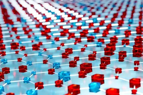 Polygon network. Abstract polygon or plexus network, blue and red cubes. S... Stock Photos