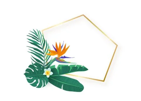 Polygon slanted gold frame with tropical hawaii strelitzia flower leaves bouquet Stock Illustration