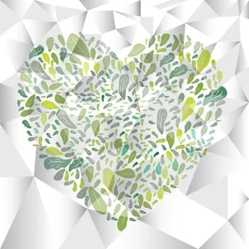 Polygon spring card design with heart made of leaves(eco concept ) Illustrazione stock