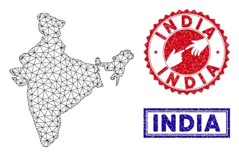 Polygonal 2D India Map and Grunge Stamps Stock Illustration