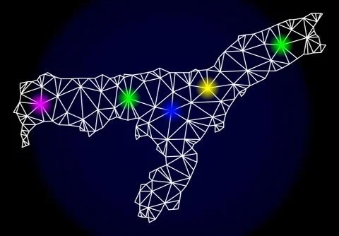 Polygonal 2D Mesh Map of Assam State with Colorful Light Spots Illustrazione stock