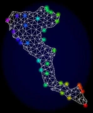 Polygonal 2D Mesh Map of Corfu Island with Colorful Spectrum Light Spots Stock Illustration