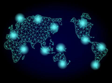 Polygonal 2D Mesh Map of Earth with Light Spots 库存插图