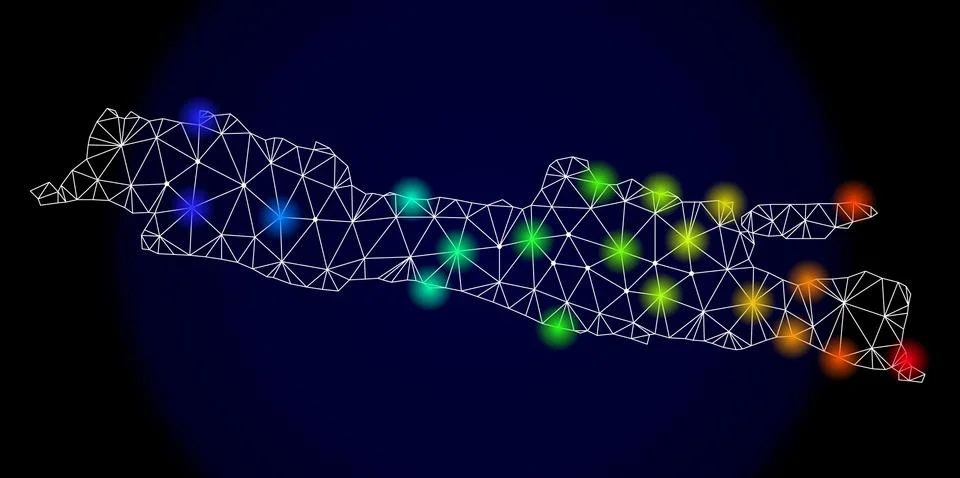 Polygonal 2D Mesh Map of Java Island with Colorful Light Spots Ilustración de archivo