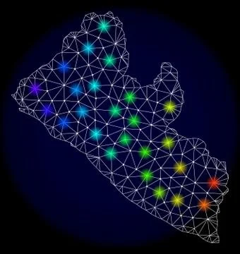 Polygonal 2D Mesh Map of Liberia with Bright Light Spots Stock Illustration