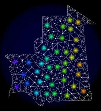 Polygonal 2D Mesh Map of Mauritania with Colorful Light Spots Stock Illustration