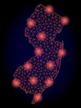 Polygonal 2D Mesh Map of New Jersey State with Red Light Spots Stock Illustration