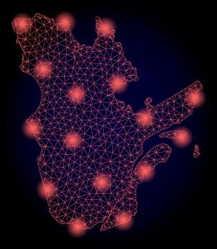 Polygonal 2D Mesh Map of Quebec Province with Red Light Spots Stock Illustration
