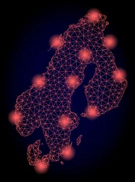 Polygonal 2D Mesh Map of Scandinavia with Red Light Spots Stock Illustration