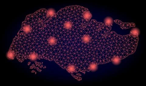 Polygonal 2D Mesh Map of Singapore with Red Light Spots Stock Illustration
