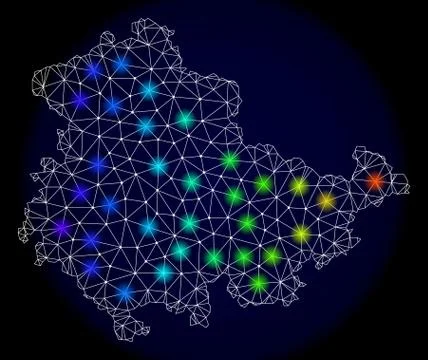 Polygonal 2D Mesh Map of Thuringia State with Bright Light Spots Illustrazione stock