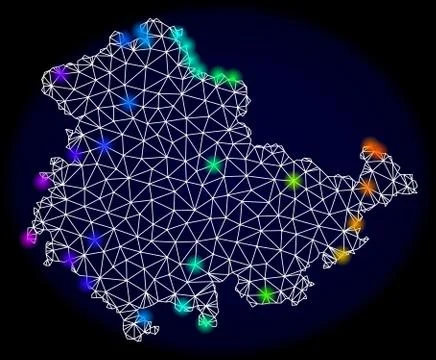 Polygonal 2D Mesh Map of Thuringia State with Bright Spectrum Light Spots Illustrazione stock