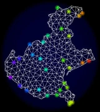 Polygonal 2D Mesh Map of Veneto Region with Bright Spectrum Light Spots Stock Illustration